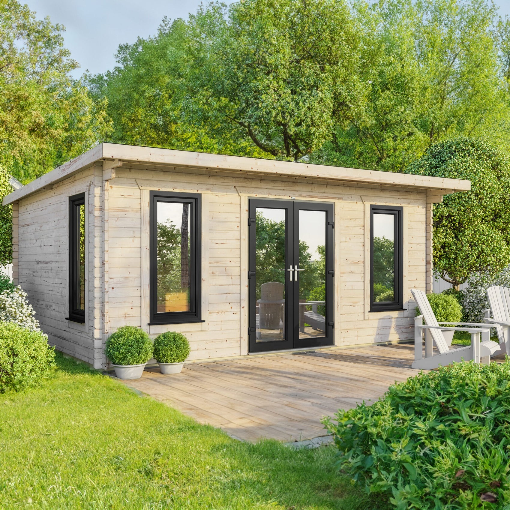 A sleek, modern timber garden room heated perfectly with ThermaSkirt
